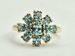 0896: Vintage: 9ct Gold 11 Swiss Blue Topaz Flower Head Ring- inspired design