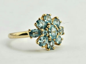 0896: Vintage: 9ct Gold 11 Swiss Blue Topaz Flower Head Ring- inspired design