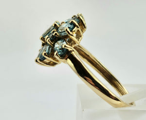 0896: Vintage: 9ct Gold 11 Swiss Blue Topaz Flower Head Ring- inspired design