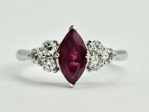 0936: Vintage: Platinum Marquise Cut Rich Red Ruby Diamonds Trefoil Set Ring-Very Special