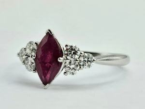 0936: Vintage: Platinum Marquise Cut Rich Red Ruby Diamonds Trefoil Set Ring-Very Special