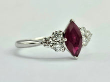 Load image into Gallery viewer, 0936: Vintage: Platinum Marquise Cut Rich Red Ruby Diamonds Trefoil Set Ring-Very Special
