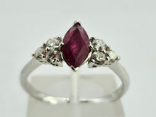 Load image into Gallery viewer, 0936: Vintage: Platinum Marquise Cut Rich Red Ruby Diamonds Trefoil Set Ring-Very Special
