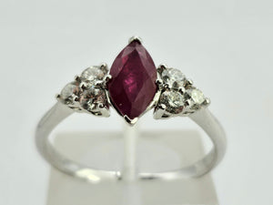 0936: Vintage: Platinum Marquise Cut Rich Red Ruby Diamonds Trefoil Set Ring-Very Special