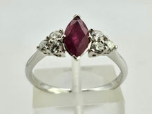 Load image into Gallery viewer, 0936: Vintage: Platinum Marquise Cut Rich Red Ruby Diamonds Trefoil Set Ring-Very Special
