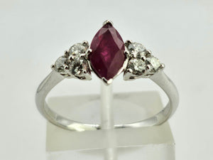 0936: Vintage: Platinum Marquise Cut Rich Red Ruby Diamonds Trefoil Set Ring-Very Special