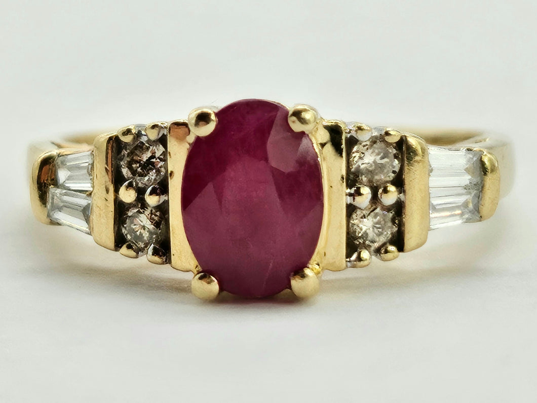 0795: Vintage: 14ct Gold Rubies Baguette Diamonds Dress Ring- lovely symmetry