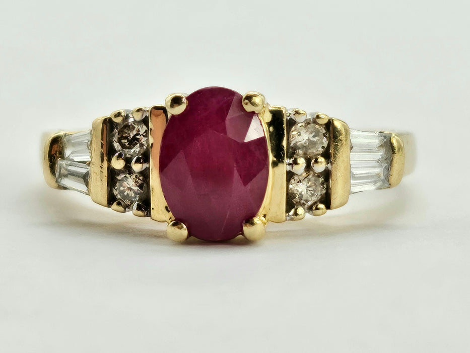 6275 Vintage: 14ct Gold Rubies Baguette Diamonds Art Deco Style  Ring