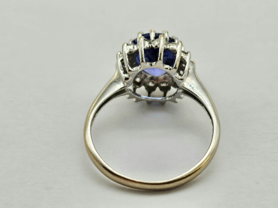 6500 Vintage: 18ct White Gold 2.06ct Tanzanite & Diamond Halo Cluster Ring