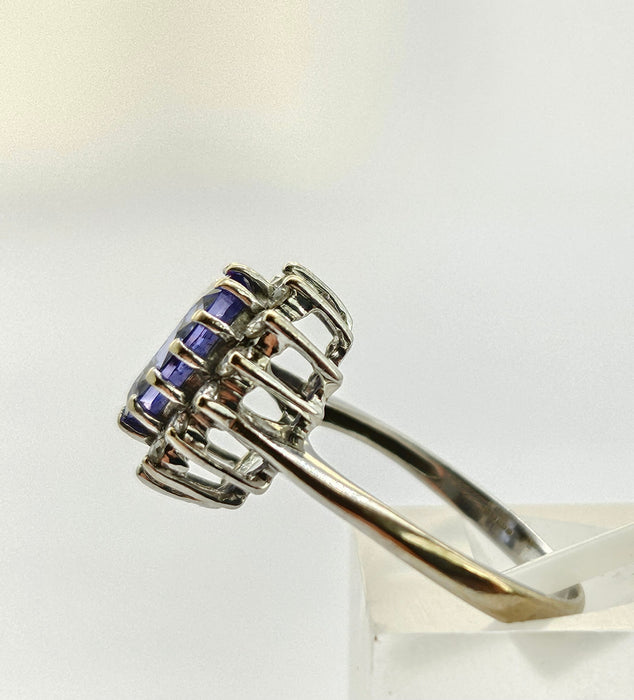 6500 Vintage: 18ct White Gold 2.06ct Tanzanite & Diamond Halo Cluster Ring