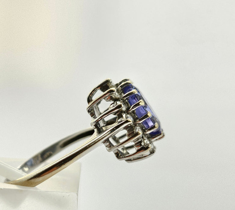 6500 Vintage: 18ct White Gold 2.06ct Tanzanite & Diamond Halo Cluster Ring