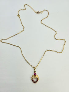 0855: Vintage: 9ct Gold Necklace &  Rubies Pendant- an elegant, demure, eye catcher