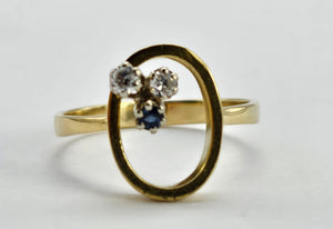 0568: Vintage/Antique 18ct Gold Sapphire Diamonds Abstract Ring