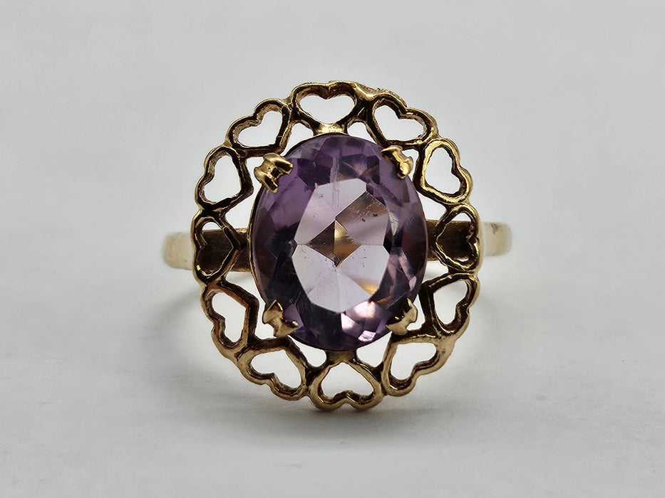 Vintage: Rare: 9ct Gold Lilac Amethyst Heart Set Ring — From 1959