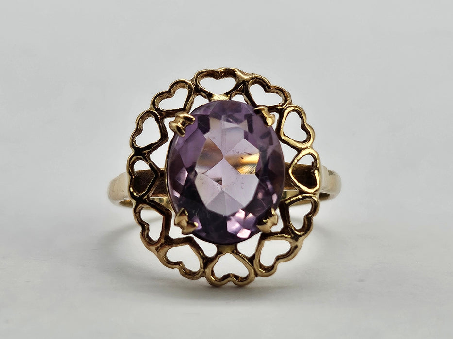 Vintage: Rare: 9ct Gold Lilac Amethyst Heart Set Ring — From 1959