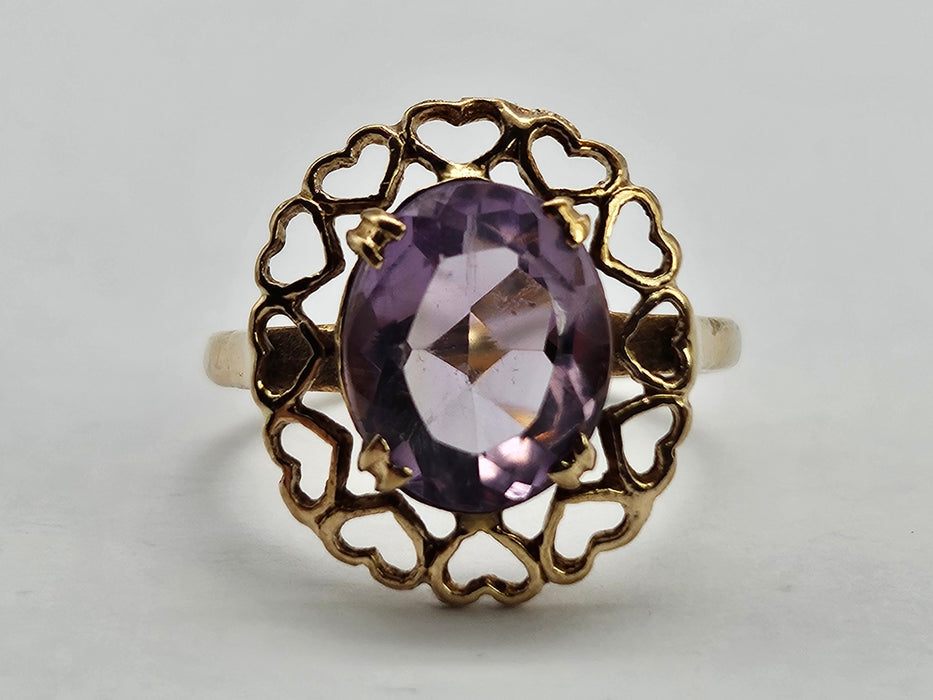 Vintage: Rare: 9ct Gold Lilac Amethyst Heart Set Ring — From 1959