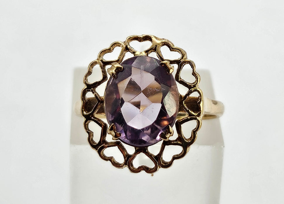Vintage: Rare: 9ct Gold Lilac Amethyst Heart Set Ring — From 1959