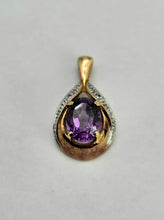 Load image into Gallery viewer, 0805:Vintage: 9ct Gold Pear-Shaped Amethyst Diamonds Pendant- petite, sparkling
