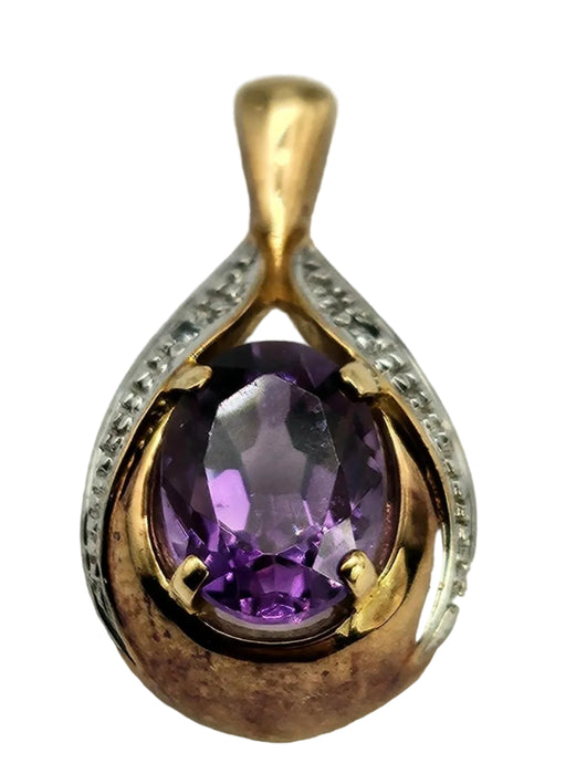 0805:Vintage: 9ct Gold Pear-Shaped Amethyst Diamonds Pendant- petite, sparkling
