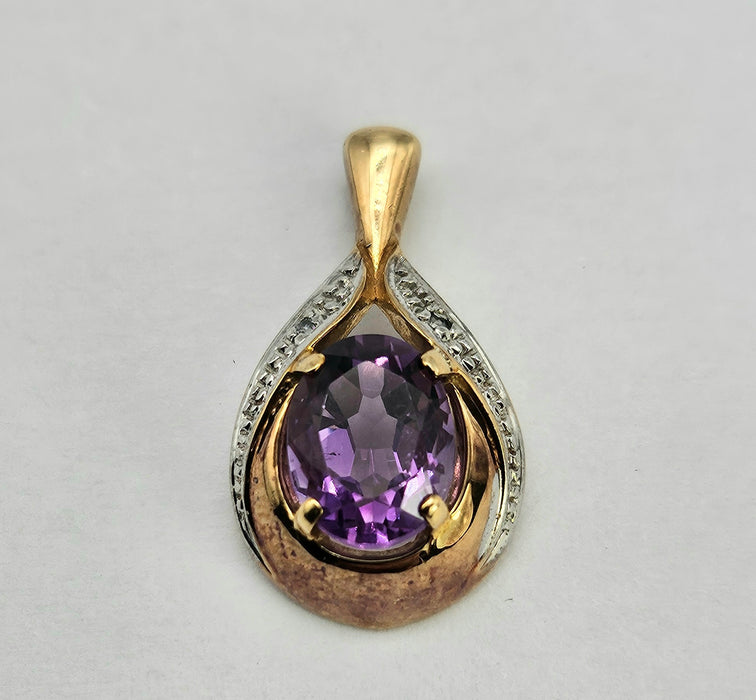 Vintage: 9ct Gold Oval Amethyst & Diamond Pear-Shaped Pendant
