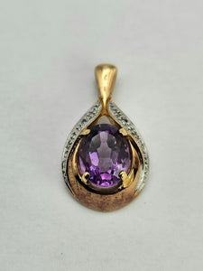 0805:Vintage: 9ct Gold Pear-Shaped Amethyst Diamonds Pendant- petite, sparkling