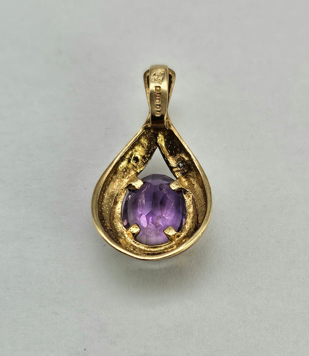 Vintage: 9ct Gold Oval Amethyst & Diamond Pear-Shaped Pendant