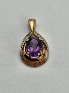 0805:Vintage: 9ct Gold Pear-Shaped Amethyst Diamonds Pendant- petite, sparkling