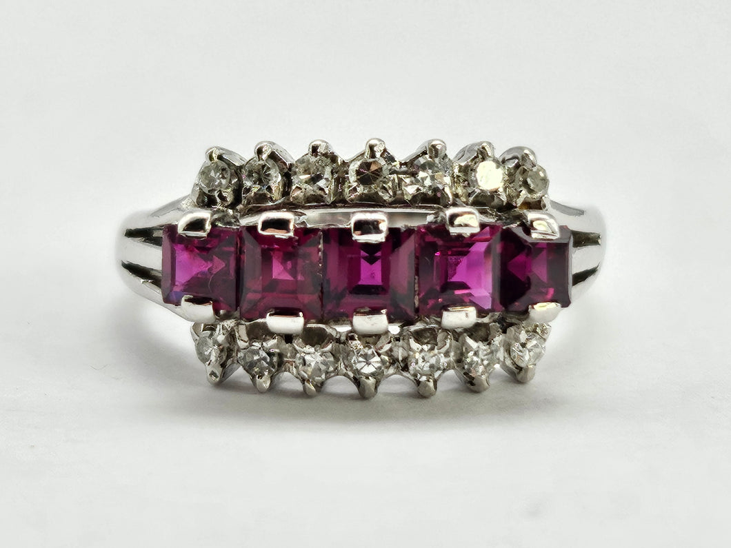 0815: Vintage: 18ct White Gold Rubies Diamonds Tiered Cluster Ring