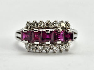 0815: Vintage: 18ct White Gold Rubies Diamonds Tiered Cluster Ring