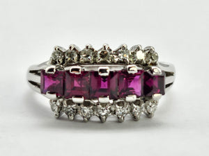 0815: Vintage: 18ct White Gold Rubies Diamonds Tiered Cluster Ring