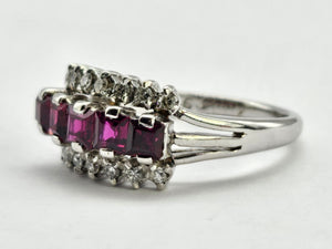 0815: Vintage: 18ct White Gold Rubies Diamonds Tiered Cluster Ring