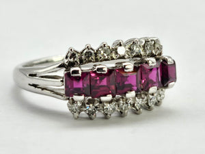 0815: Vintage: 18ct White Gold Rubies Diamonds Tiered Cluster Ring