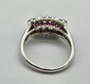 0815: Vintage: 18ct White Gold Rubies Diamonds Tiered Cluster Ring