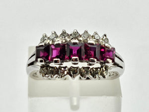 0815: Vintage: 18ct White Gold Rubies Diamonds Tiered Cluster Ring