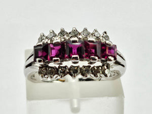 0815: Vintage: 18ct White Gold Rubies Diamonds Tiered Cluster Ring