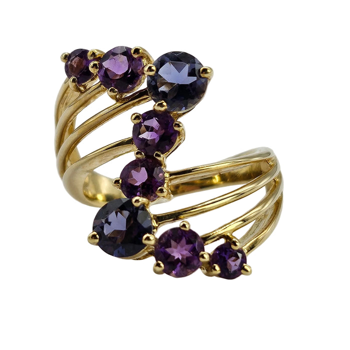 6319- Vintage 9ct Gold Iolites Amethysts Abstract Cocktail Ring