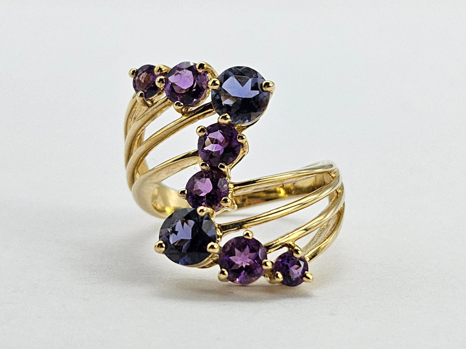 6319- Vintage 9ct Gold Iolites Amethysts Abstract Cocktail Ring