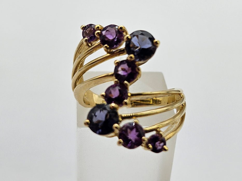 6319- Vintage 9ct Gold Iolites Amethysts Abstract Cocktail Ring