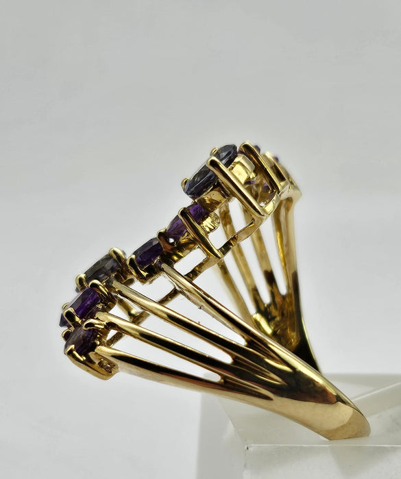 6319- Vintage 9ct Gold Iolites Amethysts Abstract Cocktail Ring