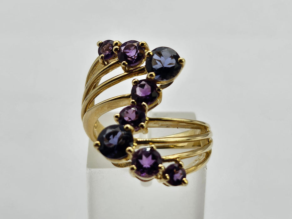 6319- Vintage 9ct Gold Iolites Amethysts Abstract Cocktail Ring