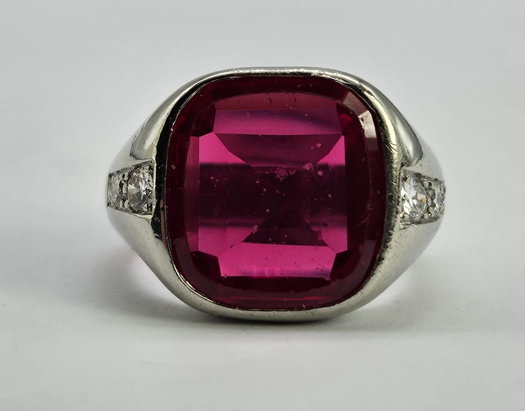 9048: Vintage & Old: Substantial Platinum Ruby (5ct) Diamonds Signet Ring- a proper statement piece