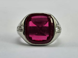 9048: Vintage & Old: Substantial Platinum Ruby (5ct) Diamonds Signet Ring- a proper statement piece