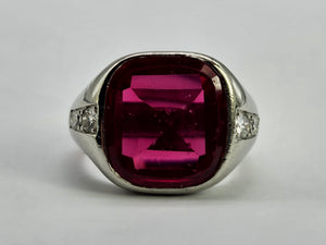 9048: Vintage & Old: Substantial Platinum Ruby (5ct) Diamonds Signet Ring- a proper statement piece