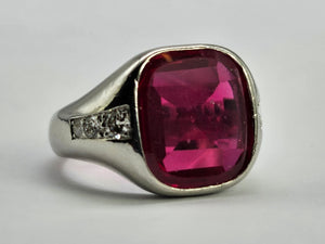 9048: Vintage & Old: Substantial Platinum Ruby (5ct) Diamonds Signet Ring- a proper statement piece