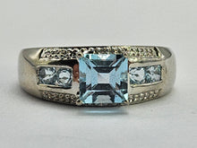 Load image into Gallery viewer, 0531: Vintage: 9ct White Gold Swiss Blue Topaz Diamonds Dress/Stacker Ring
