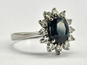 0769: Vintage; 18ct White Gold French Blue Sapphire 12 Diamonds Cluster Ring