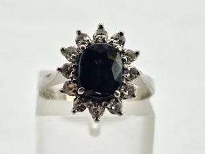 0769: Vintage; 18ct White Gold French Blue Sapphire 12 Diamonds Cluster Ring