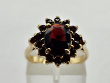 Load image into Gallery viewer, 0771;Vintage: 9ct Gold 17 Rich Red Garnets Flower Head Ring- mature hues,
