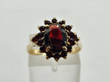 Load image into Gallery viewer, 0771;Vintage: 9ct Gold 17 Rich Red Garnets Flower Head Ring- mature hues,
