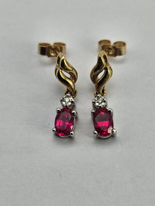 0779: Vintage: 9ct Gold Ruby Diamond Drop/Dangle Stud Earrings- pitch perfect